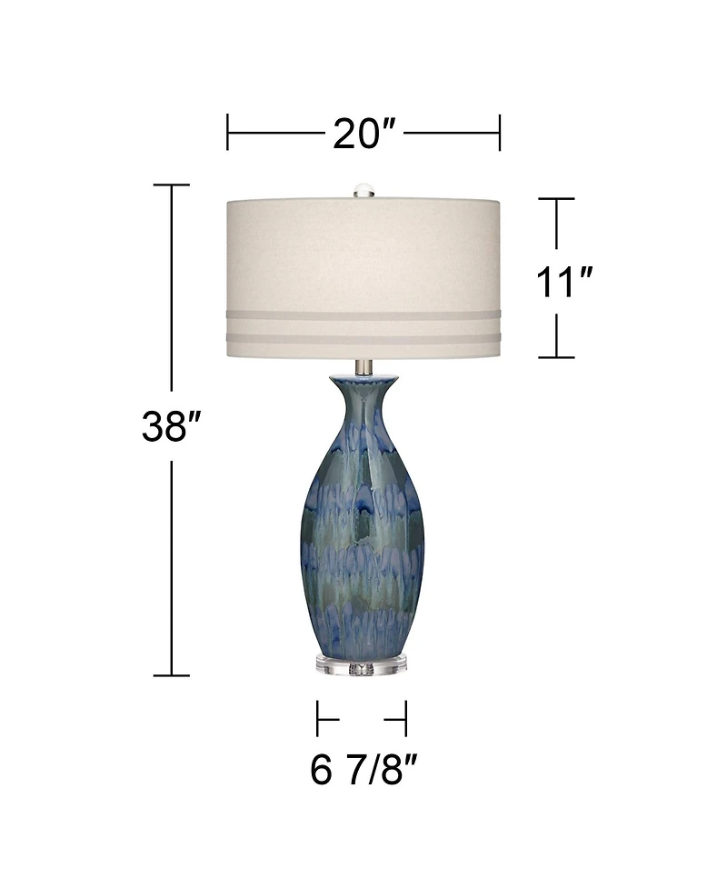 Possini Euro Design Annette Coastal Table Lamp 38" Tall Blue Ceramic Drip Vase Off White Oval Shade for Bedroom Living Room Bedside Nightstand Of