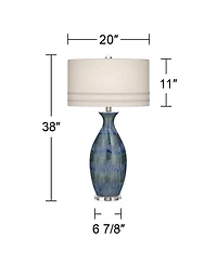 Possini Euro Design Annette Coastal Table Lamp 38" Tall Blue Ceramic Drip Vase Off White Oval Shade for Bedroom Living Room Bedside Nightstand Of