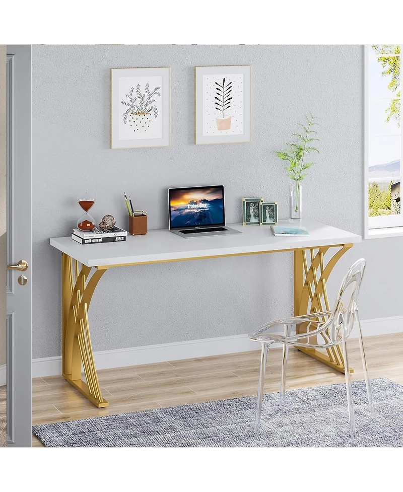 Tribesigns 55 Large Modern Computer Desk, White & Gold Luxury Laptop Pc Student Table, Makeup Vanity Table, Sturdy Writing Workstation