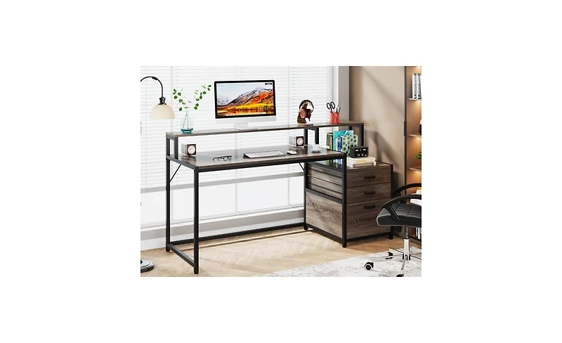 Tribesigns 63 Inch Computer Desk with File Drawer Cabinet, Ergonomic Office Monitor Stand, Table Printer Space, Wood Pc