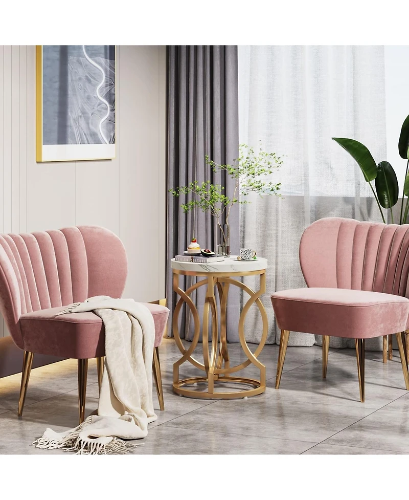 Tribesigns Round End Table, Multifunctional Accent Table Small Side Table for Living Room, Modern White Gold Nightstand with Faux Marble Tabletop, Bed