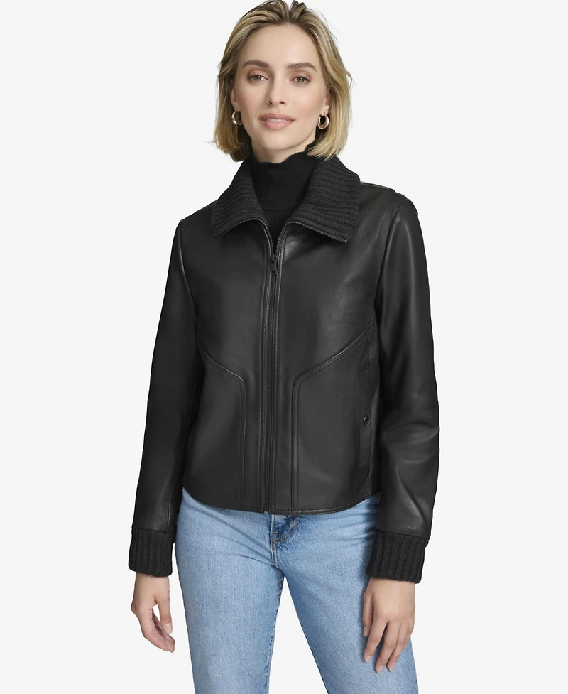 Andrew Marc Black Label Women's Beatrix Rib-Knit Trimmed Leather Jacket