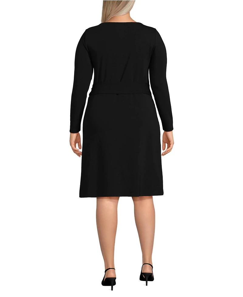 Lands' End Plus Boatneck Long Sleeve Tie Waist Dress