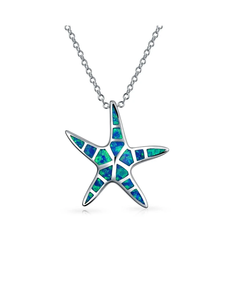 Bling Jewelry Nautical Beach Pendant Blue Inlay Created Opal Starfish Pendant Necklace For Women For Teen .925 Sterling Silver