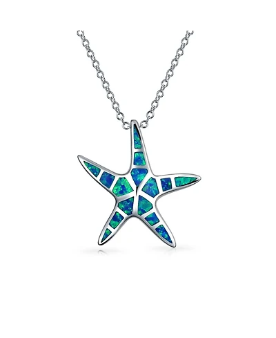Bling Jewelry Nautical Beach Pendant Blue Inlay Created Opal Starfish Pendant Necklace For Women For Teen .925 Sterling Silver