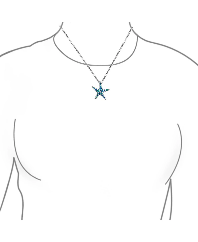 Bling Jewelry Nautical Beach Pendant Blue Inlay Created Opal Starfish Pendant Necklace For Women For Teen .925 Sterling Silver