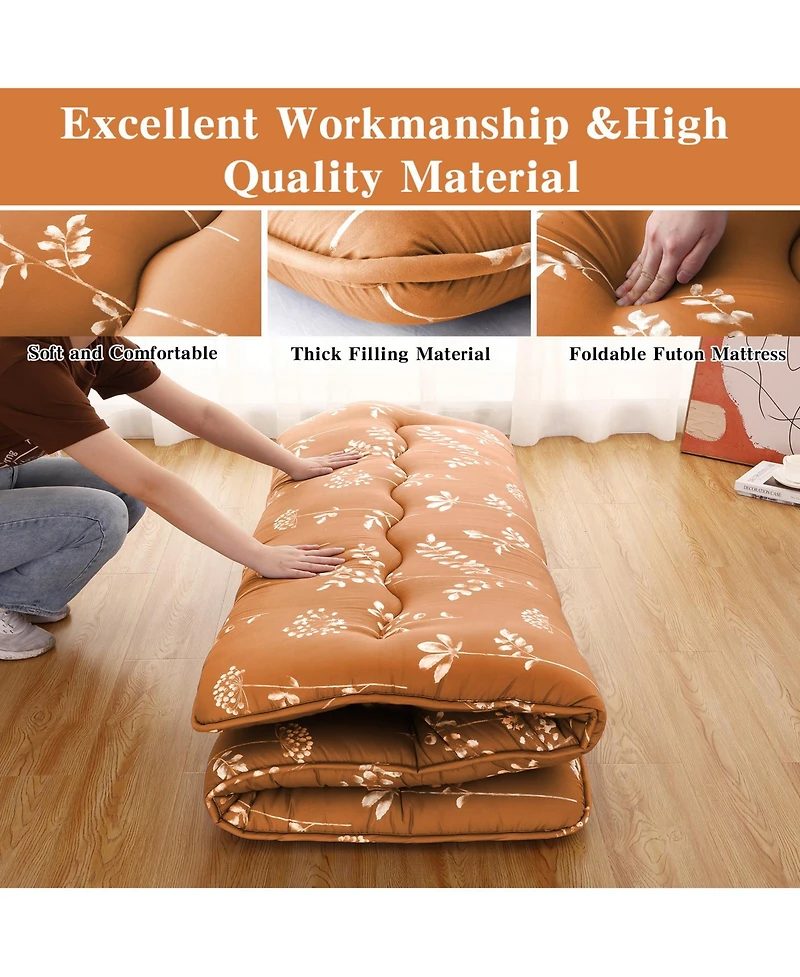 Futon Mattress Full Size, Floral Print Floor Pad Portable Dorm Sleeping Pad, 54"x 80"