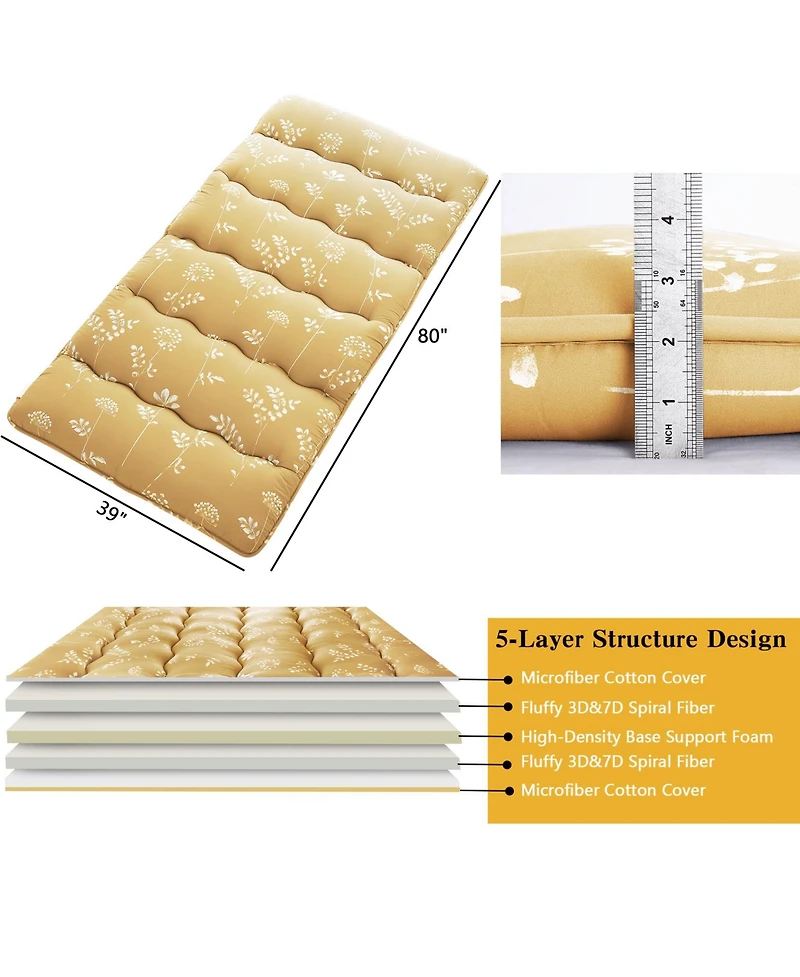 Caromio Futon Mattress Twin Size, Floral Print Floor Mattress Pad Portable Dorm Sleeping Pad, 39"x 80"