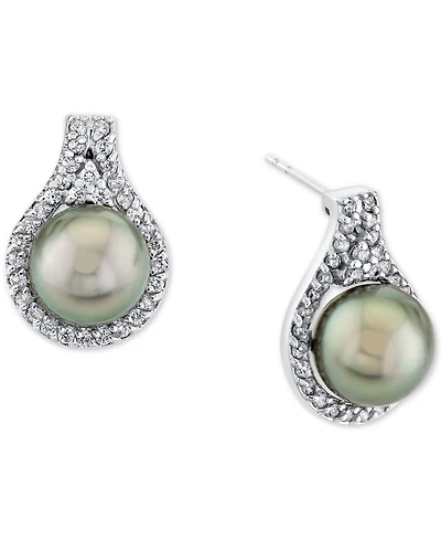 Cultured Tahitian Pearl (9mm) & Diamond (5/8 ct. t.w.) Stud Earrings in 14k White Gold
