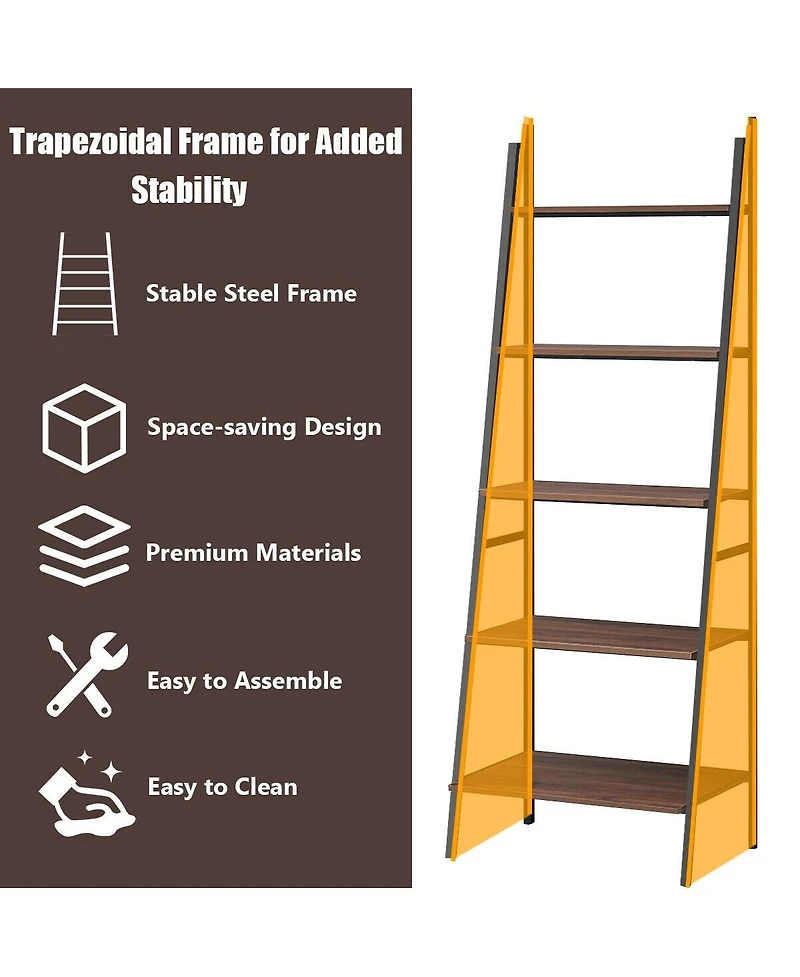 Sugift 5 Tier Leaning Bookshelf Wood Metal Bookcase