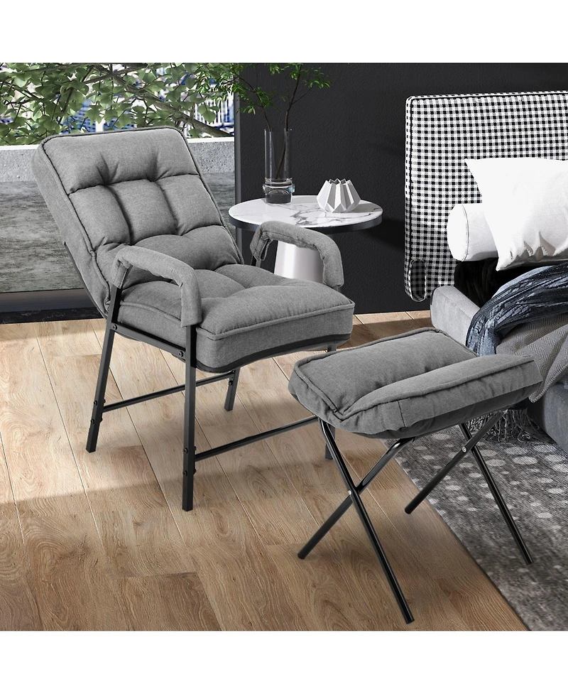 Linen Fabric Modern Accent Chair with Ottoman and Adjustable Backrest-Gray