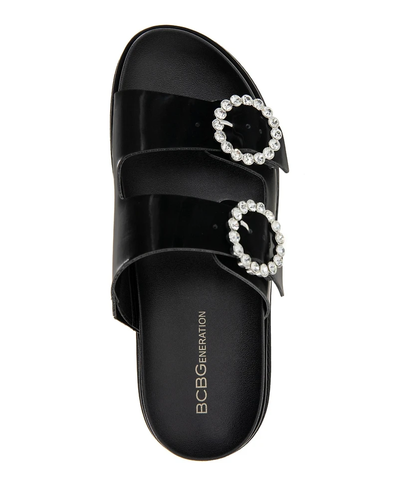 BCBGeneration Women's Batina Rhinestone Buckle Double Band Flat Sandals