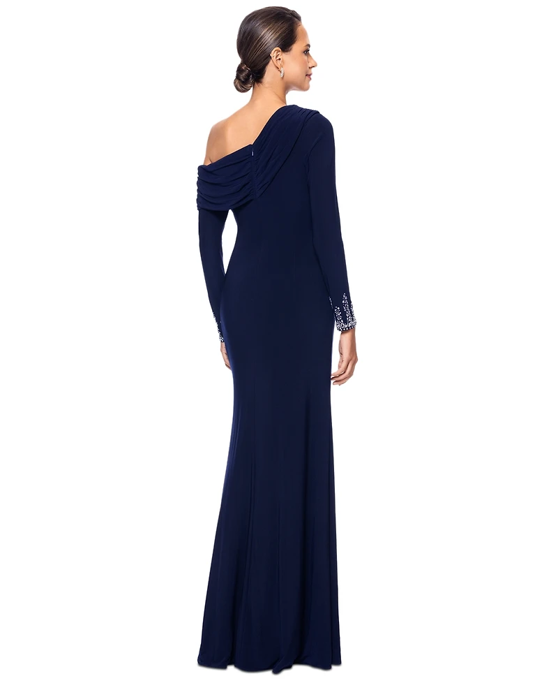 Betsy & Adam Women's Off-One-Shoulder Beaded-Cuff Gown