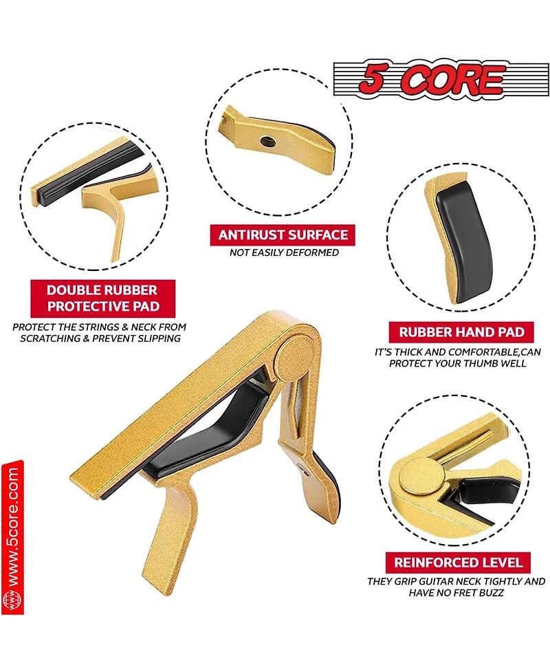 5 Core Capo Acoustic Electric Guitar 6 String Kapo Classic Clip For Banjo Mandolin Ukulele - Gold - 2PCS