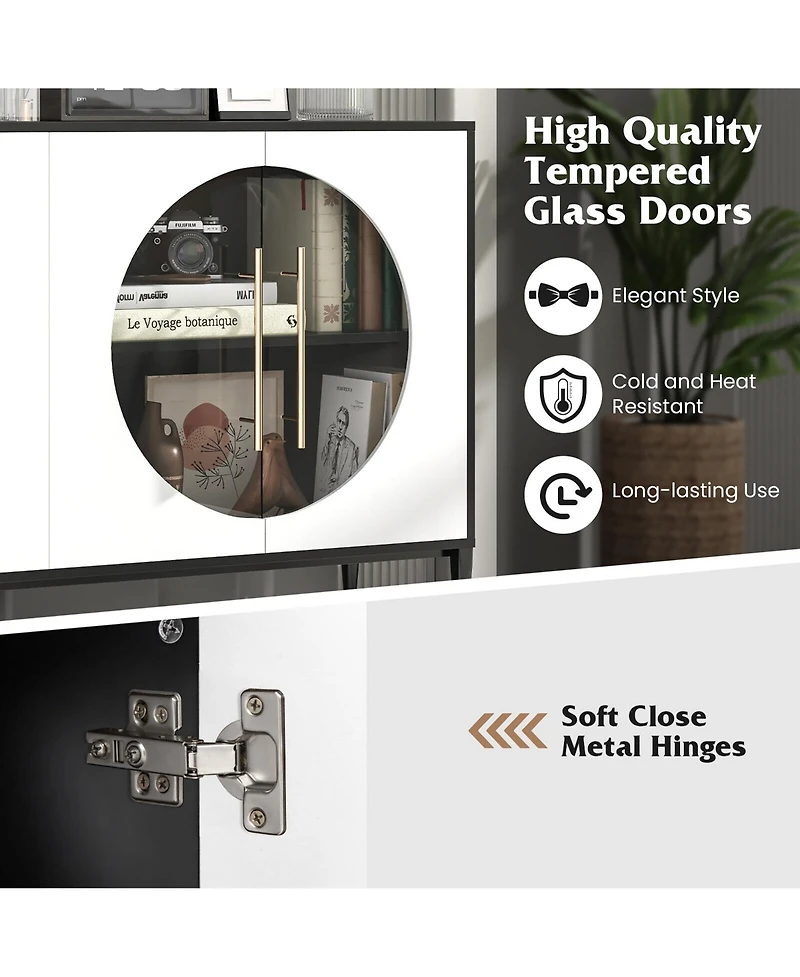 Gymax Sideboard Cabinet w/ Tempered Glass Door Elevated Metal Legs Free-standing