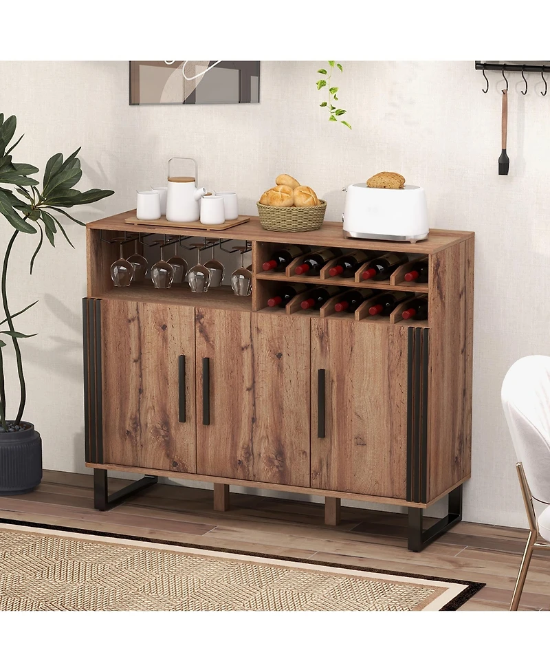 Gymax Home Wine Bar Cabinet w/ 3 Doors & Adjustable Shelves 2-tier Wine Rack Sideboard