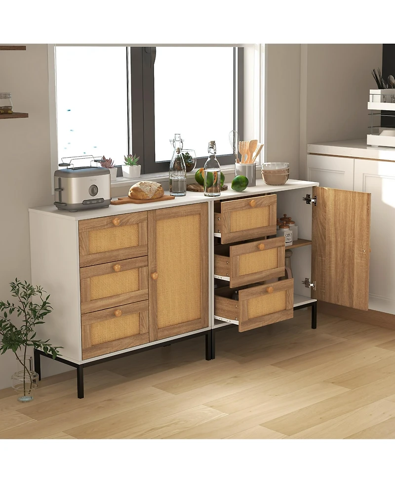 Gymax Set of 2 Rattan Sideboard Buffet Cabinet Accent Cabinet w/ 1 Door & 3 Drawers