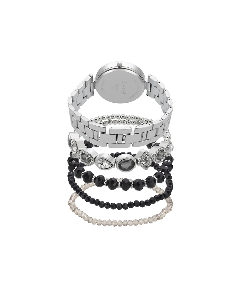 Jessica Carlyle Women's Analog Shiny Silver-Tone Metal Strap Watch 34mm 5 Pieces Bracelet Gift Set