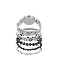 Jessica Carlyle Women's Analog Shiny Silver-Tone Metal Strap Watch 34mm 5 Pieces Bracelet Gift Set