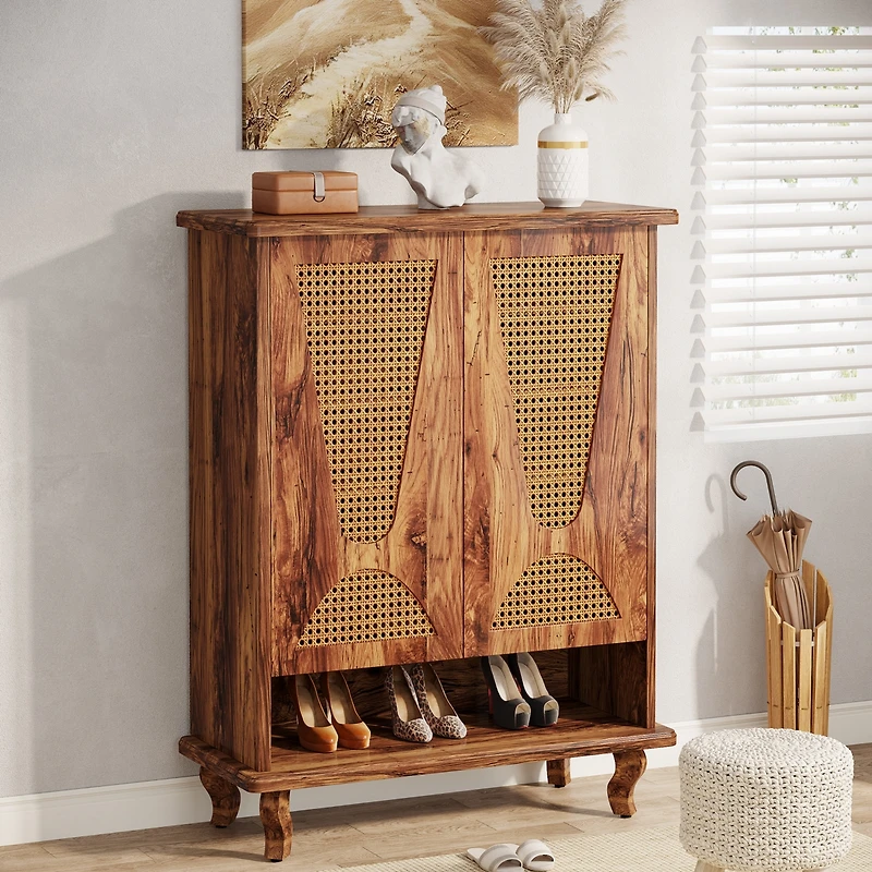 Tribesigns Rattan Shoe Cabinet for Entryway, 5-Tier Large Hidden Shoe Organizer Cabinet with Ventilated Doors, Modern Freestanding 25-Pair Shoe Rack C