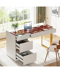 Tribesigns Computer Desk with 4 Drawers, 47 Inch Modern Home Office Desk with Glass Top, White and Gold Writing Workstation Desk with Storage, Makeup