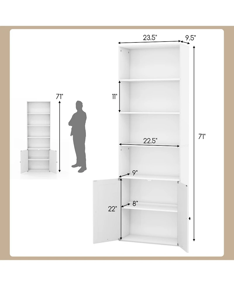 Sugift 71 Inch Freestanding Bookshelf with 6 Shelves and 2-Door Cabinet-White