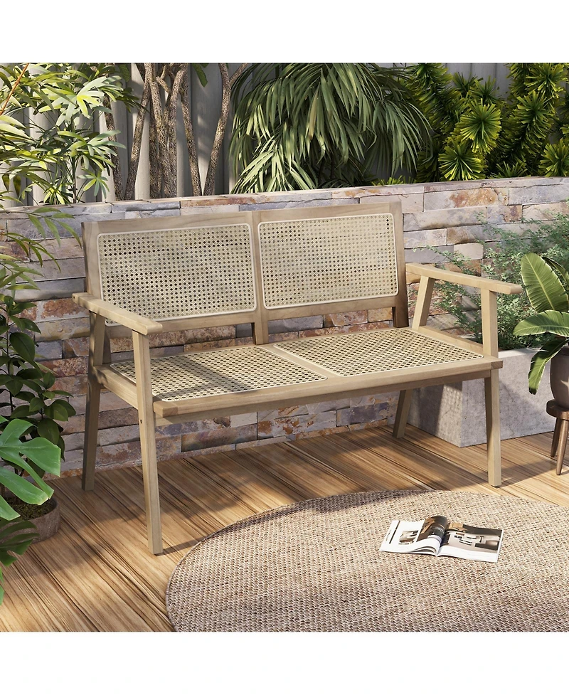 Givimo Indonesia Teak Wood Garden Bench with Armrests and Natural Rattan Backrest