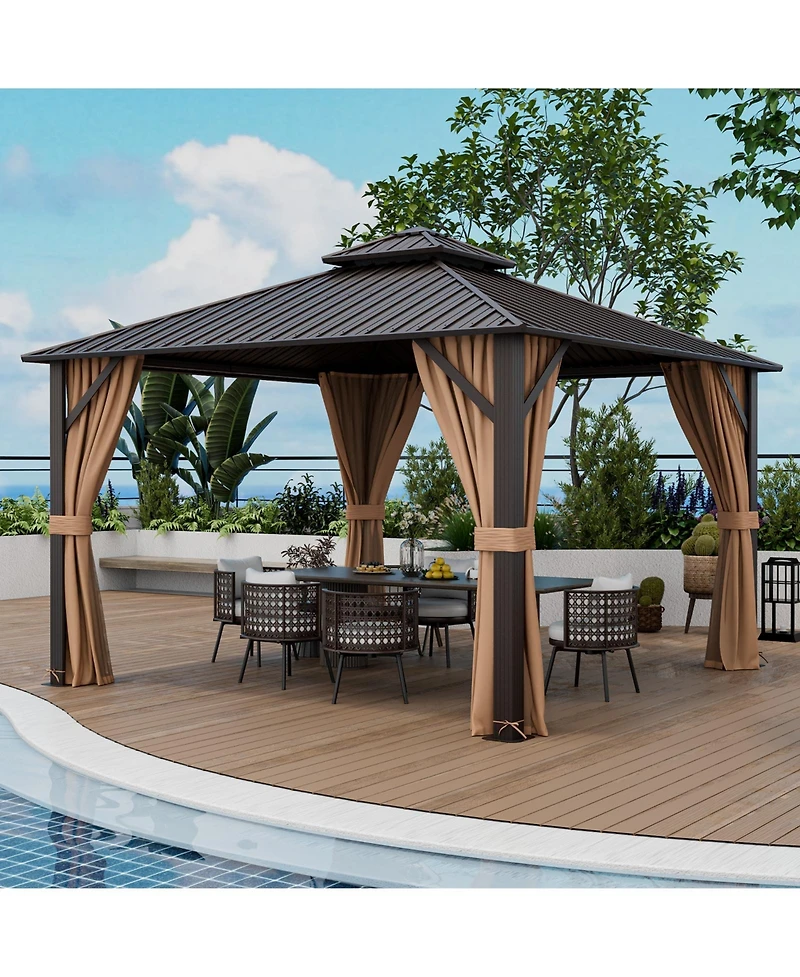 Givimo 12 x 12 Feet Double-Roof Patio Hardtop Gazebo with Galvanized Steel Roof Netting and Curtains-Coffee