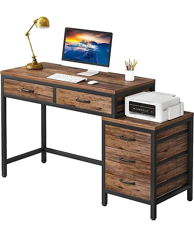 Tribesigns Computer Desk with 5 Drawers, Home Office Desks Reversible Drawer Cabinet Printer Stand, Rustic Study Writing Table Workstation