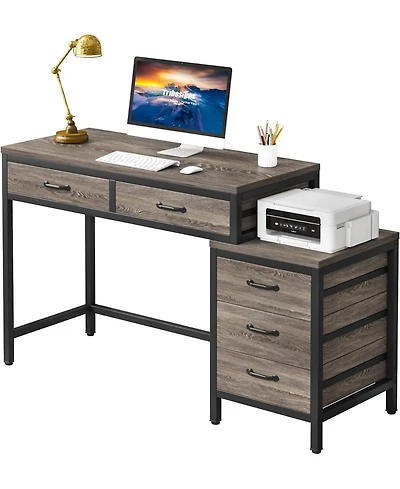 Tribesigns Computer Desk with 5 Drawers, Home Office Desks with Reversible Drawer Cabinet Printer Stand, Rustic Study Writing Table Workstation