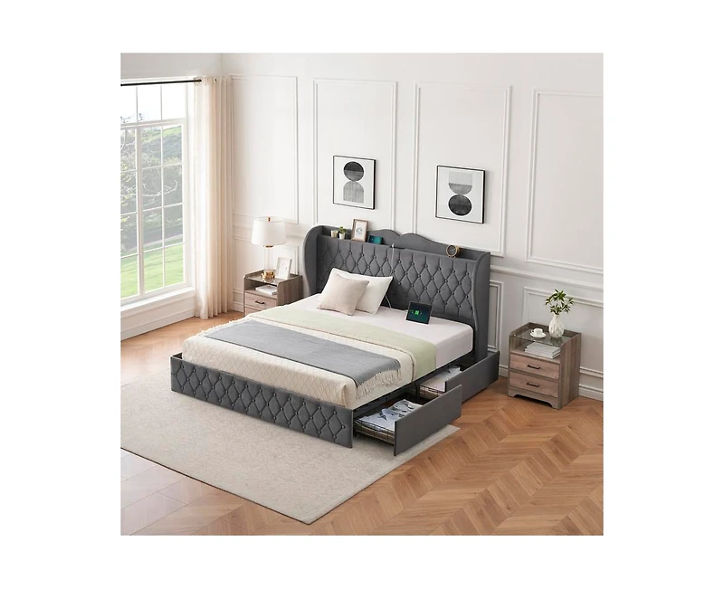 gaomon Upholstered Velvet Bed Frame With 4 Storage Drawers and Charging Station, Button Tufted Platform Bed With Wingback Headboard Shelf, Heavy Duty,