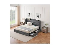 gaomon Upholstered Velvet Bed Frame With 4 Storage Drawers and Charging Station, Button Tufted Platform Bed With Wingback Headboard Shelf, Heavy Duty,