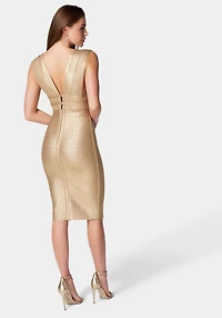 Bebe Women's Foiled Bandage Plunge Neck Midi Dress