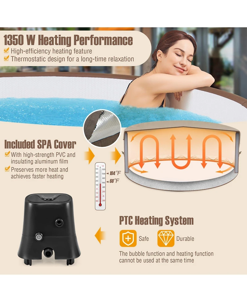 72 Inches Inflatable Hot Tub Spa with 120 Air Jets Electric Heater Pump for 4-6 Person-Coffee