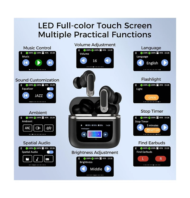 Ear-Buds- Bluetooth 5.3 w/ Lcd Screen- Tws/Noise Cancel- 32Hr Playtime