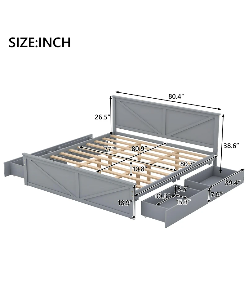 Streamdale Gray King Platform Bed with 4 Drawers