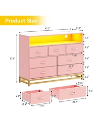 Pink Dresser for Bedroom, Modern 7 Drawers Long Dresser with Charging Station and Led Lights Design, Wooden Large Capacity Storage Chest of Drawers, W