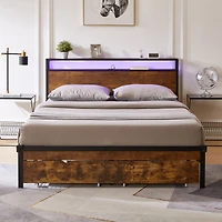 Streamdale Furniture Usb-Charging Platform Bed Frame with Headboard, Footboard, Drawers, Led Lights