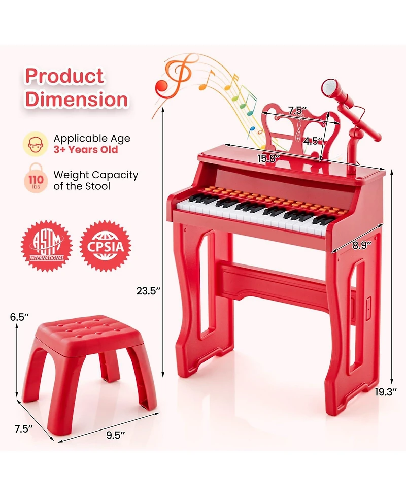Vebreda 37 Keys Music Piano with Microphone Kids Piano Keyboard with Detachable Music Stand-Red