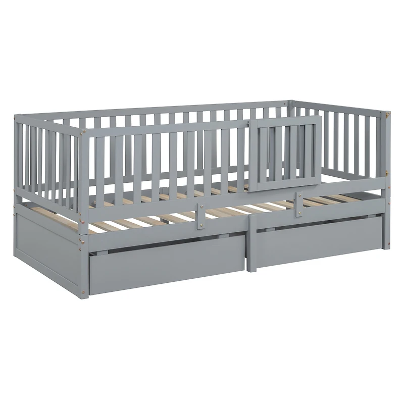 Twin Wood Daybed with Guardrails and Drawers