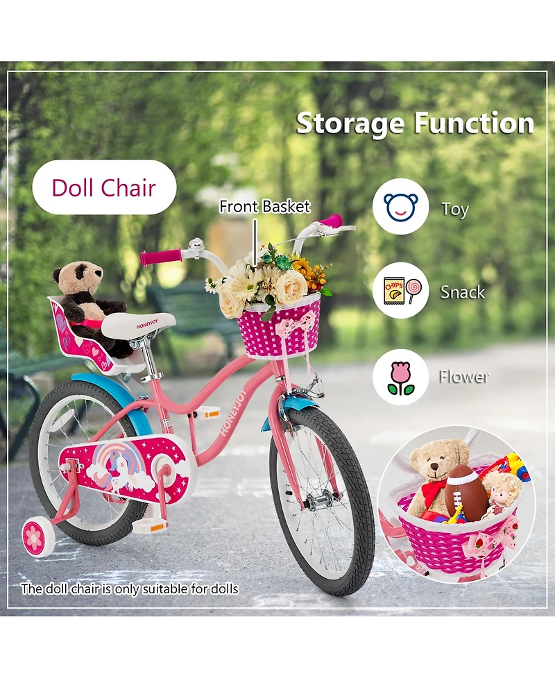 Gymax Inches Kids Bicycle w/ Doll Chair & Basket Kids Bike w/ Training Wheels Pink