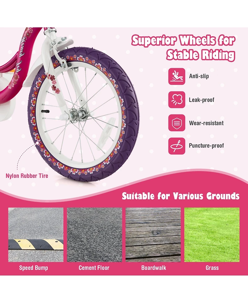 14'' Kids Bike with Doll Seat Girls Bicycle with Training Wheels for 3-5 Years Old Girl