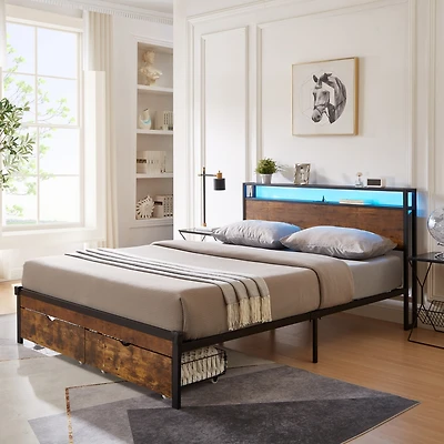 Streamdale Queen Size Platform Bed Frame with Usb, Charger, Drawers, Led Lights