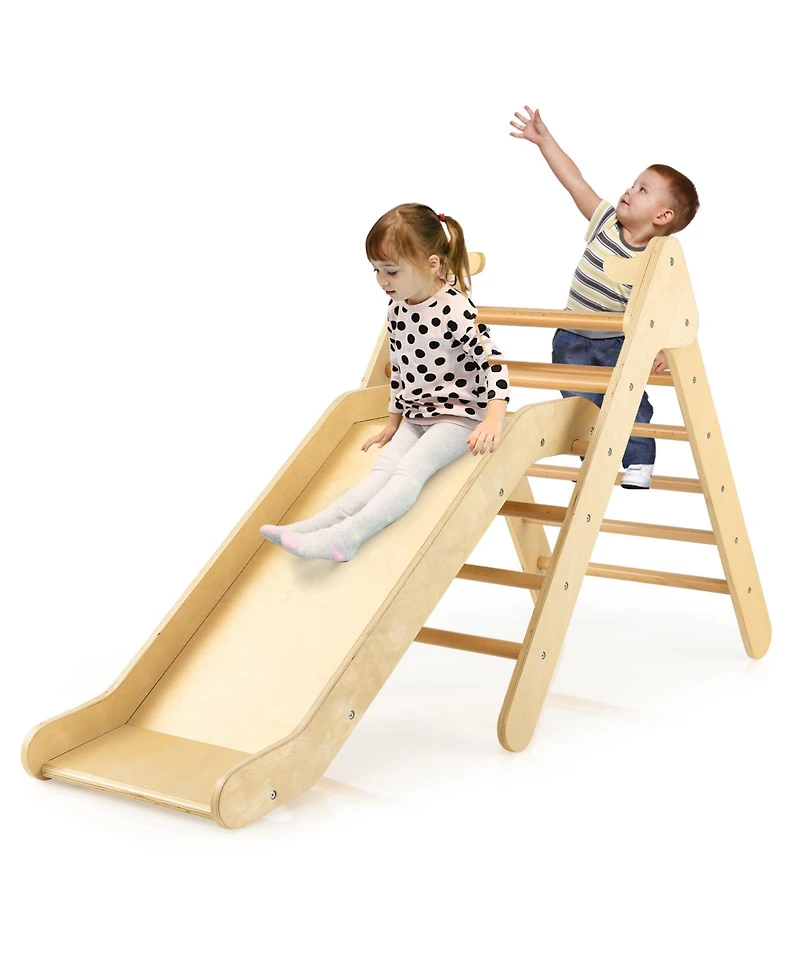 Sugift 2-in-1 Wooden Triangle Climber Set with Gradient Adjustable Slide