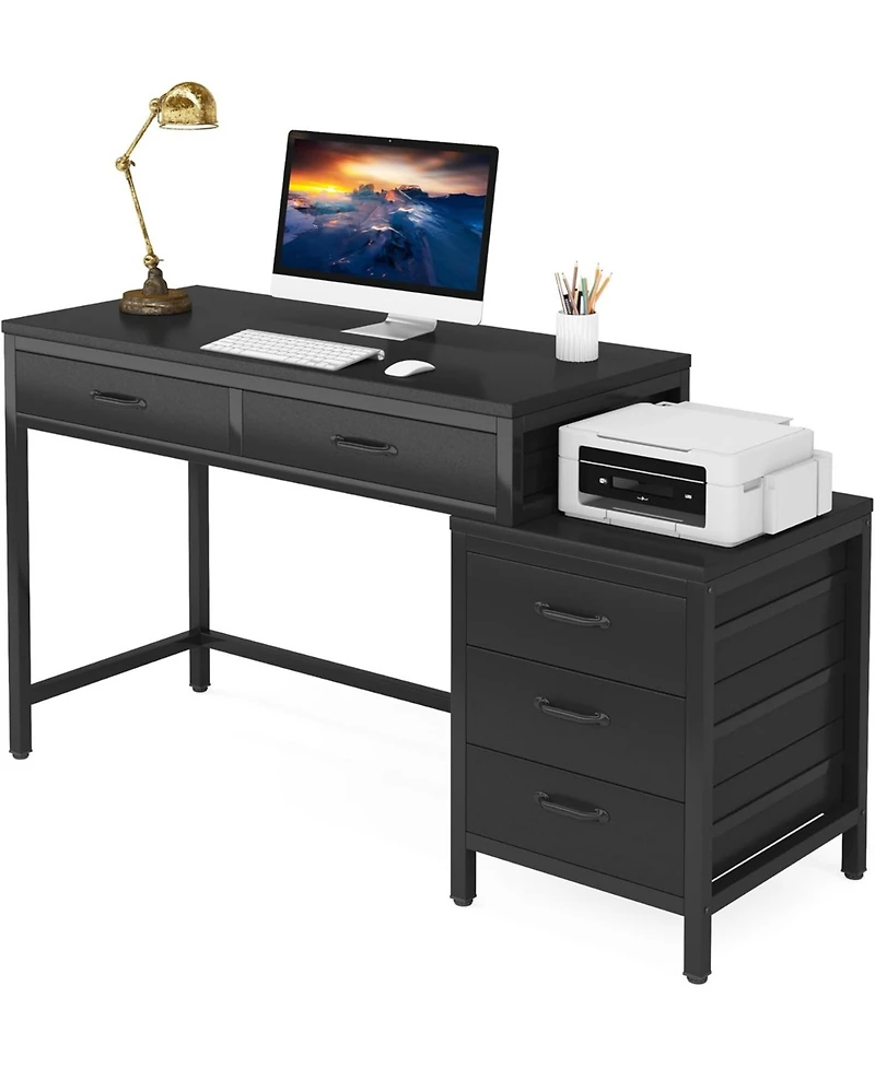 Tribesigns Computer Desk with 5 Drawers, Home Office Desks with Reversible Drawer Cabinet Printer Stand, Rustic Study Writing Table Workstation