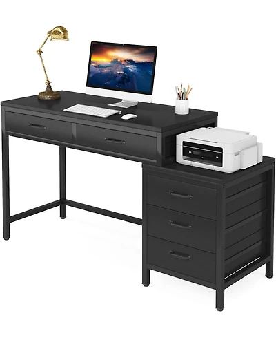 Tribesigns Computer Desk with 5 Drawers, Home Office Desks with Reversible Drawer Cabinet Printer Stand, Rustic Study Writing Table Workstation