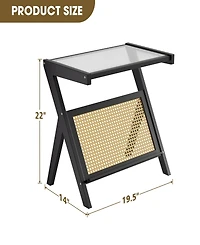 Sugift Rattan Side Table Bamboo Accent Bedside Table with Tempered Glass Top Black