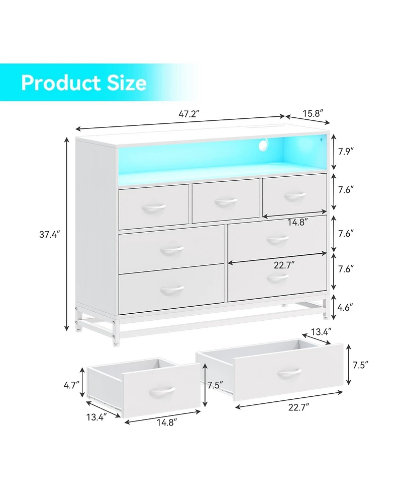 gaomon Modern White 7-Drawer Dresser with Charging Station and Led Lights