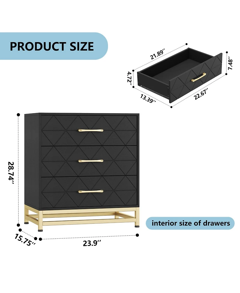 gaomon 3 Drawer Dresser, Wood Chest Drawers with Storage for Closet, Bedroom, Drawers Dresser Modern Bedside Nightstand with Gold Handles,Black_15.8"D