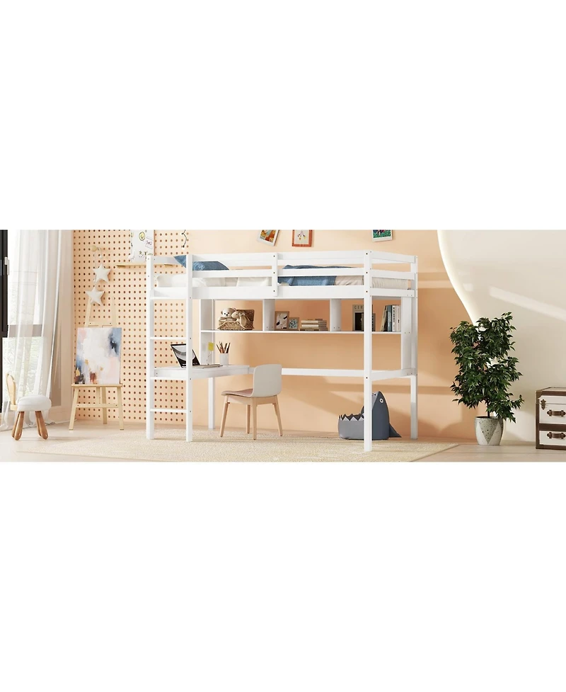 Streamdale Furniture Twin Loft Bed with Desk, Bookcase, and Guardrails in White